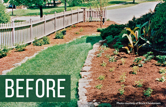 Side yard makeover before photo: A no-nonsense turfgrass pathway required regular mowing and since it was edged with chunks of rock, it had to be trimmed, as well.