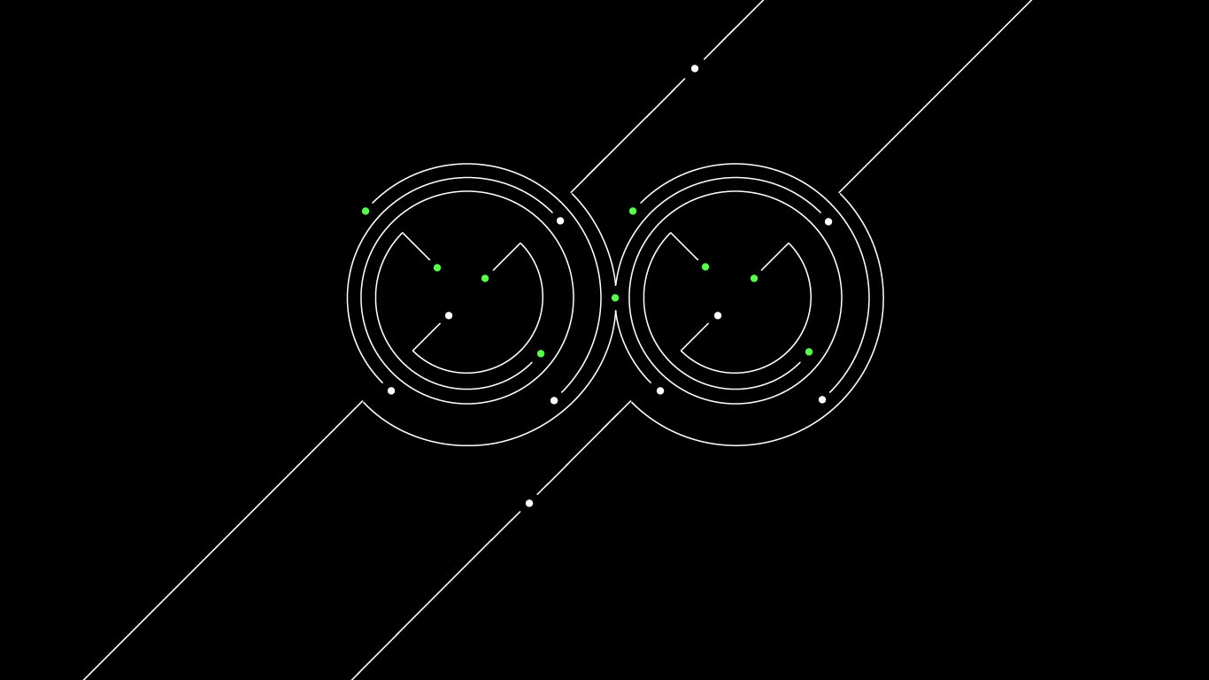Black background with two white outlined identical circles on it