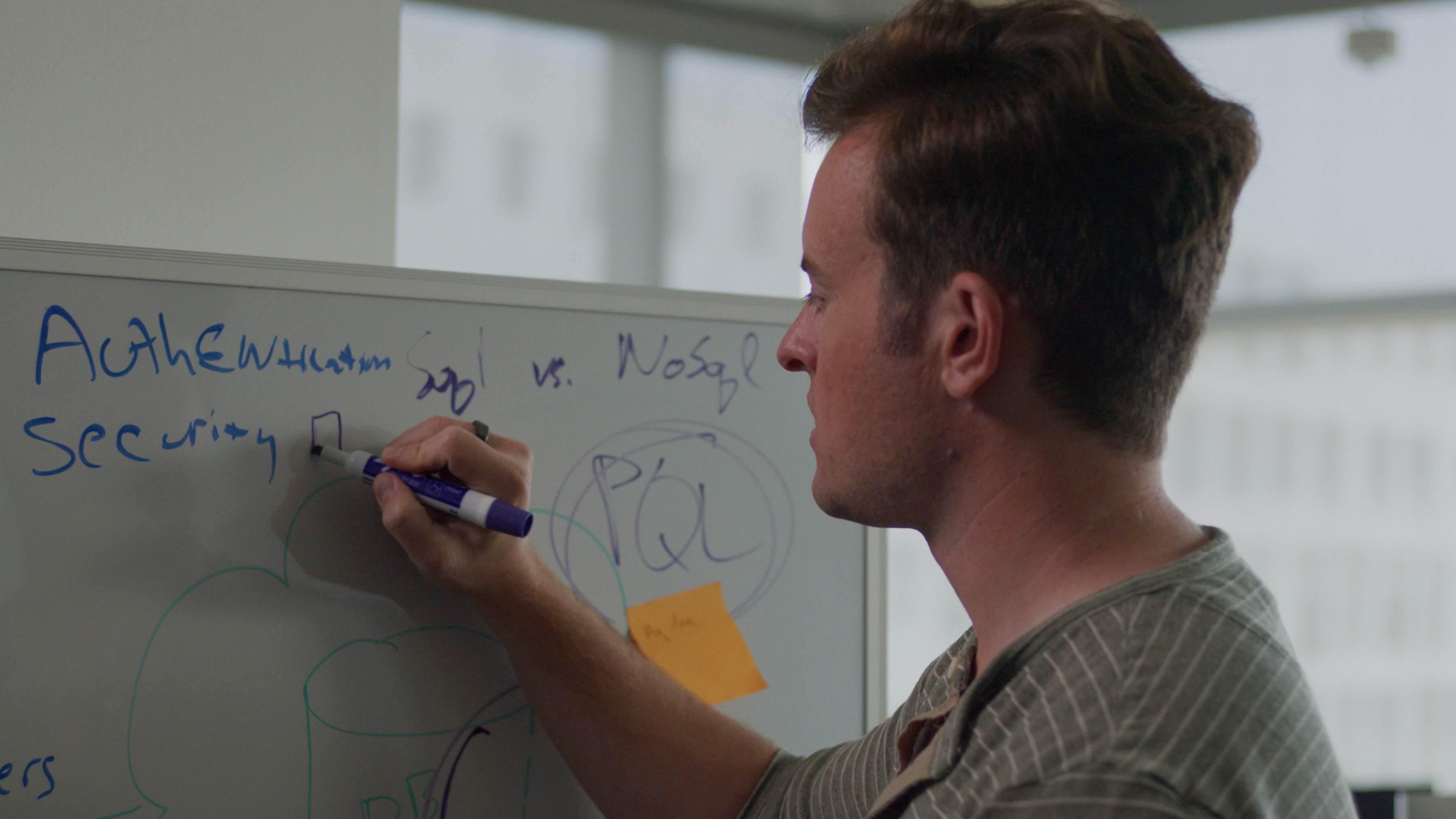 Alex Monroe working at a whiteboard in the Celonis LA office.