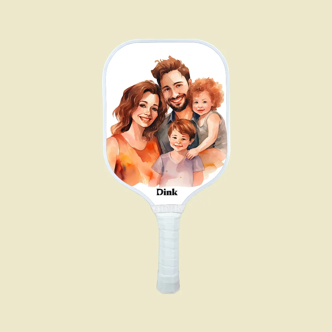 a custom pickleball paddle from Dink with an illustrated family portrait
