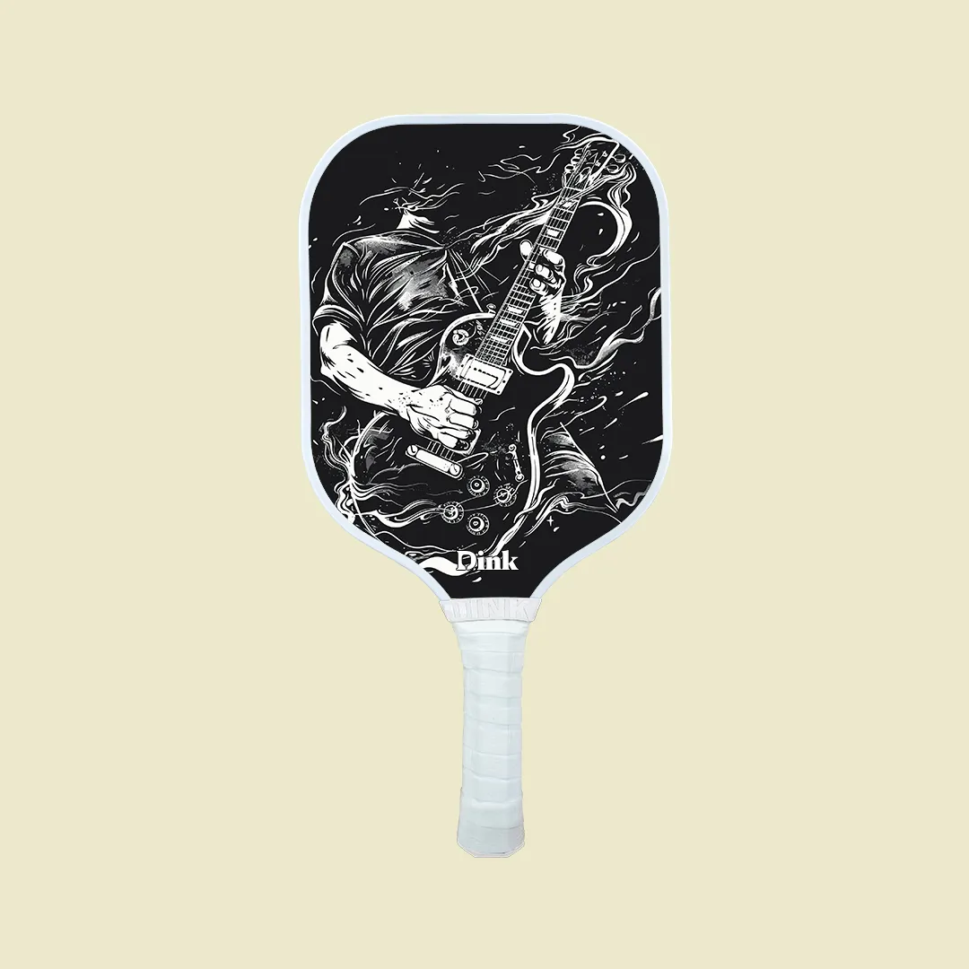 a custom pickleball paddle from DInk with a silhouette of a guitarist.