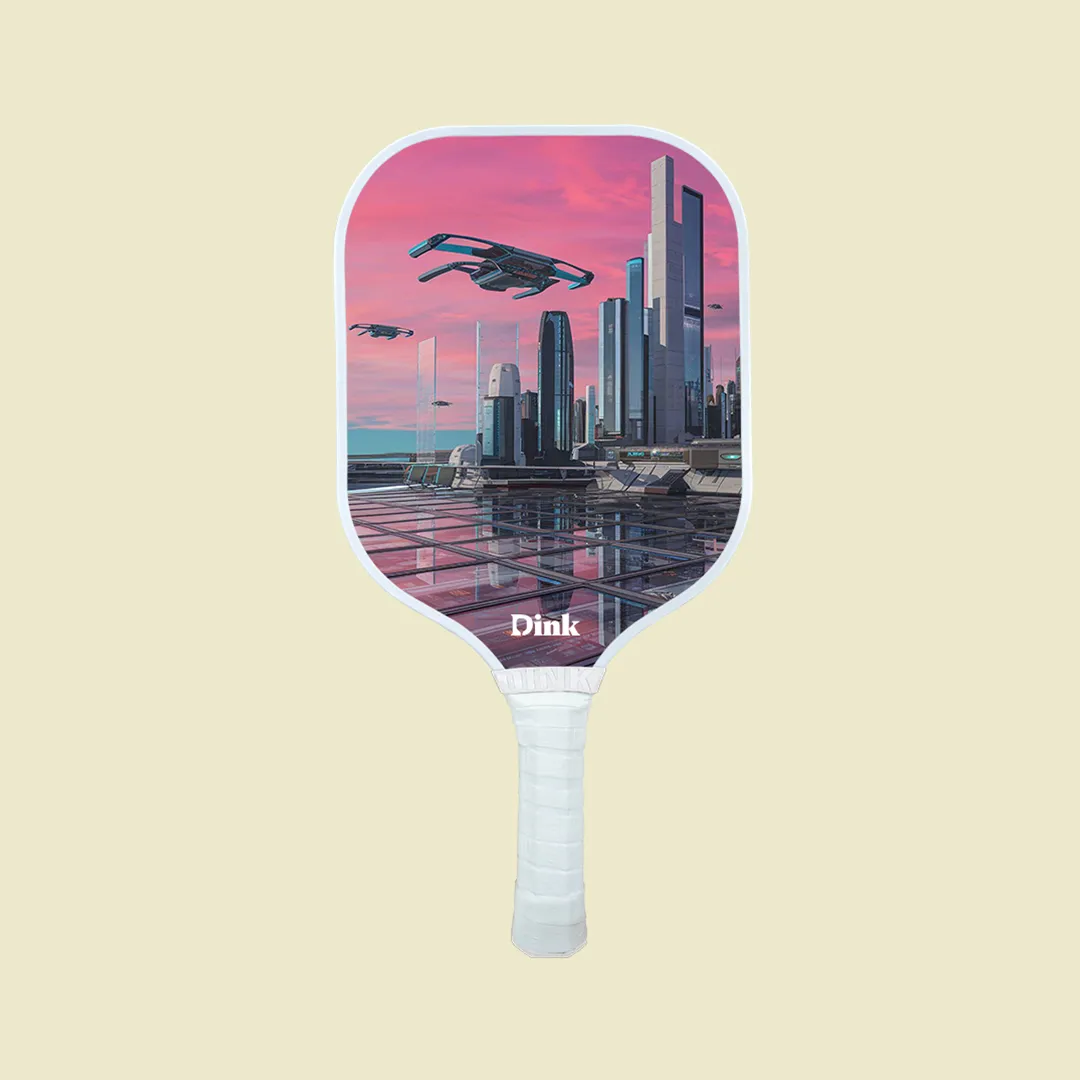 A custom pickleball paddle from Dink with a futuristic architecture design