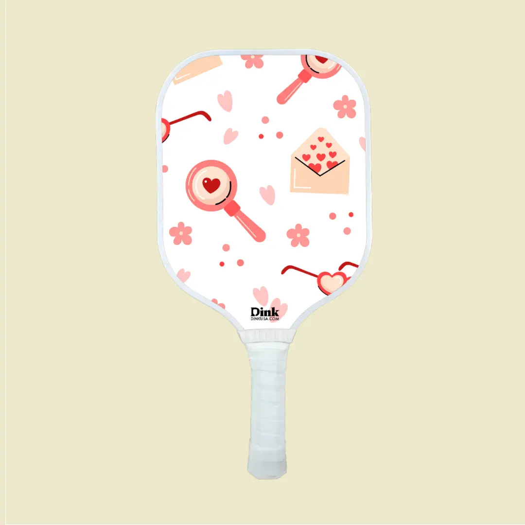 Valentines day custom pickleball paddle with hearts and love letters.