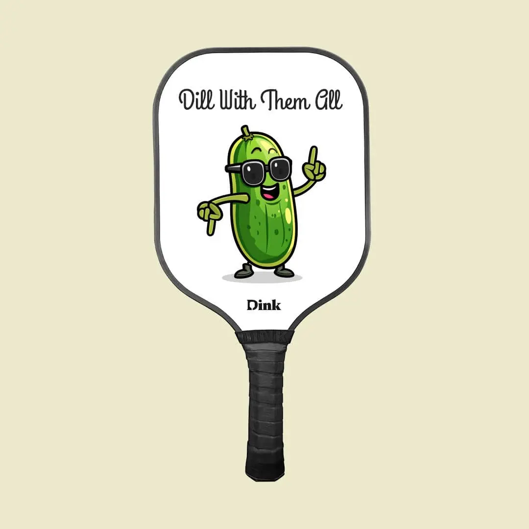 a pickleball paddle with cartoon pickle