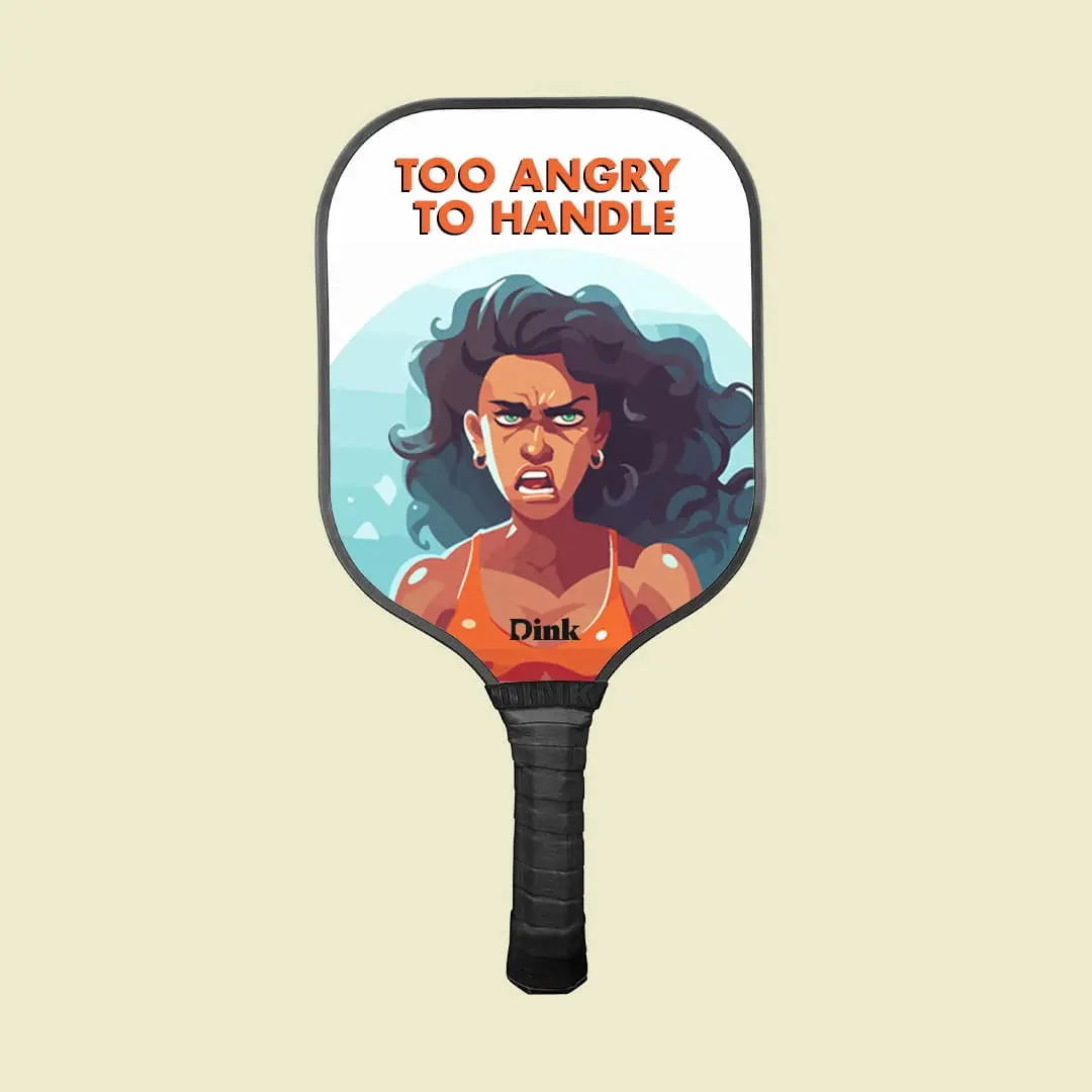 a pickleball paddle with an image of an angry woman