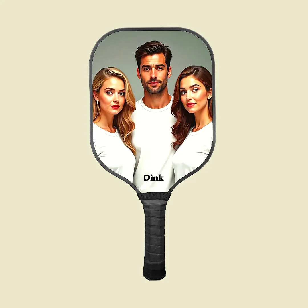 A family illustration on a custom pickleball paddle from dink