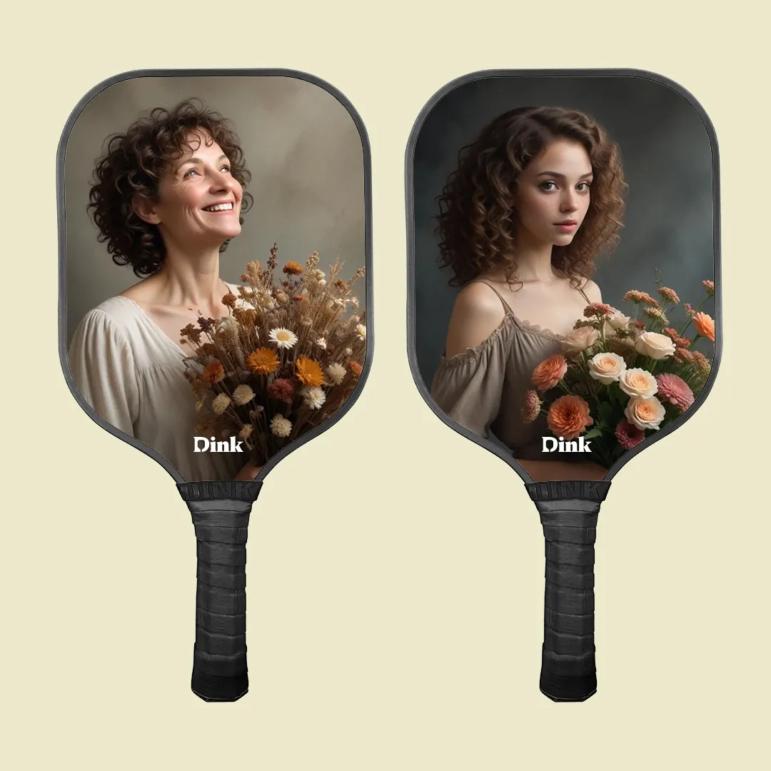 portraits of mom and daughter on Dinks matching custom pickleball paddle