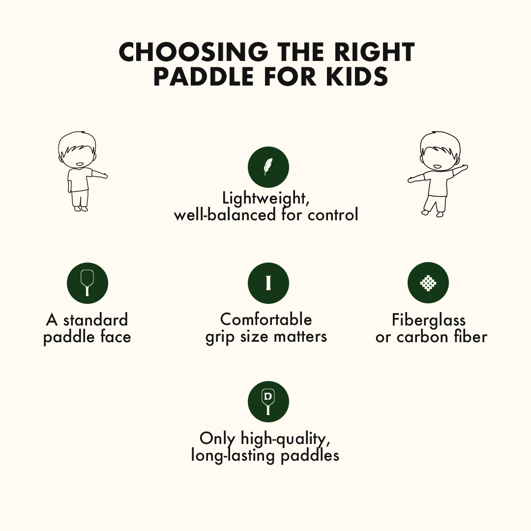 Dinks infographic with key factors to consider when buying a pickleball paddle for kids