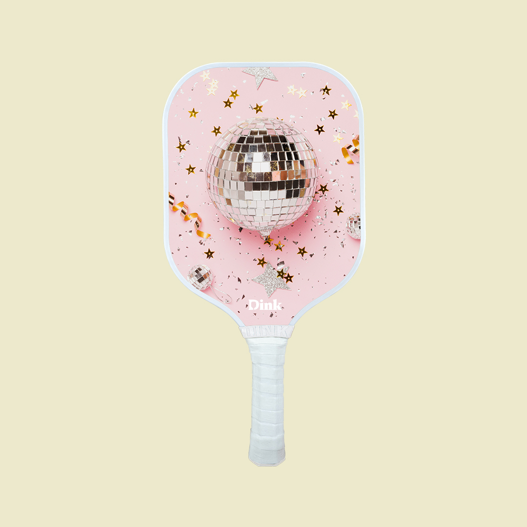 Dink´s custom pickleball paddle with glitters and a disco ball as a bachelorette party gift