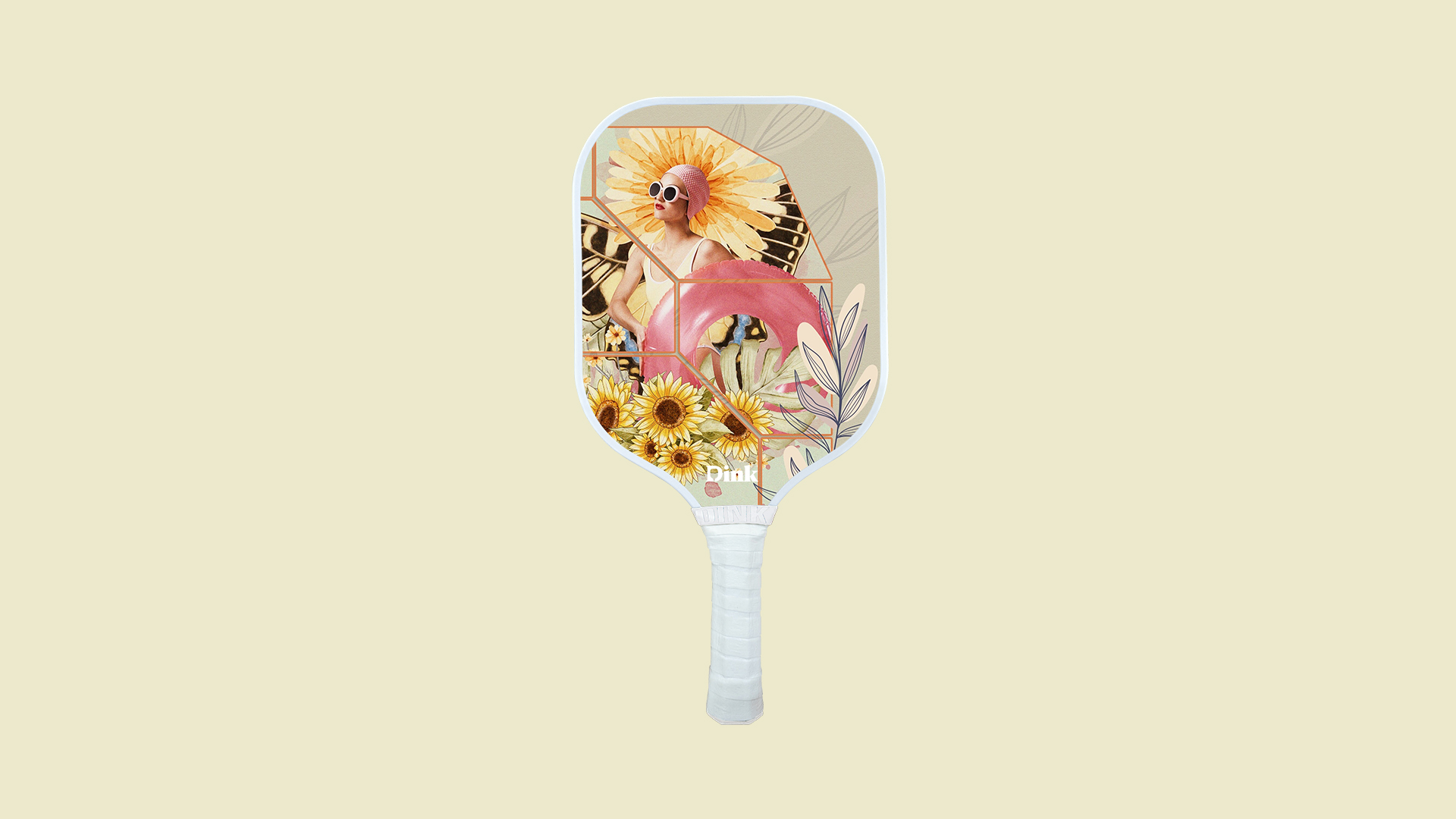 A custom pickleball paddle from Dink with a woman photo collage