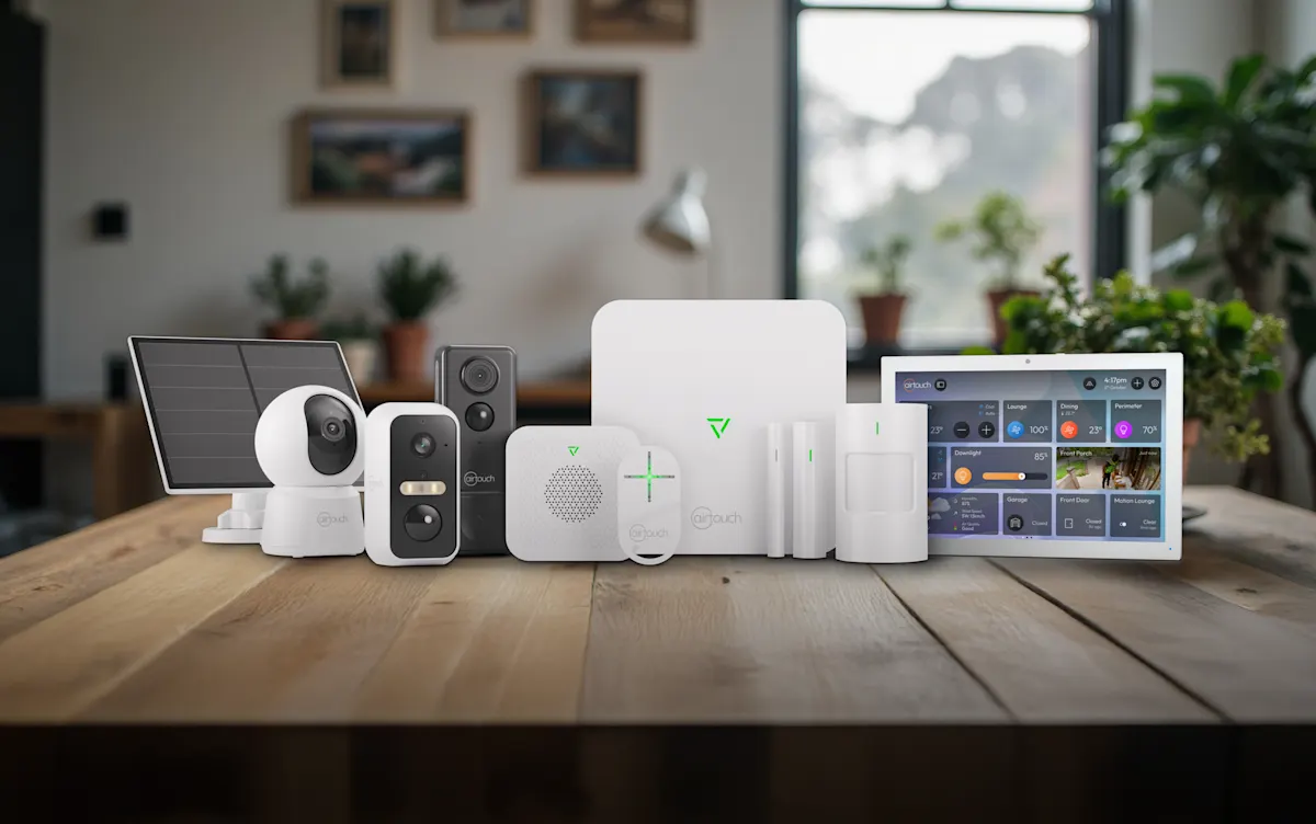 The AirTouch Secure range on a wooden bench — security camera, hub, door and motion sensors, keypad and a tablet showing the home security app dashboard, in a modern New Zealand home