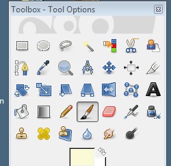 GIMP window with dropdown menu showing the 'brush tool' icon selected.