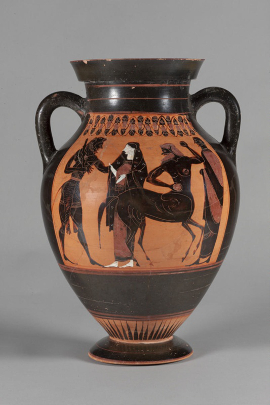 Archaic amphora painted in the black figure style.