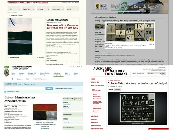 Montage of 4 web pages showing Colin McCahon artworks.