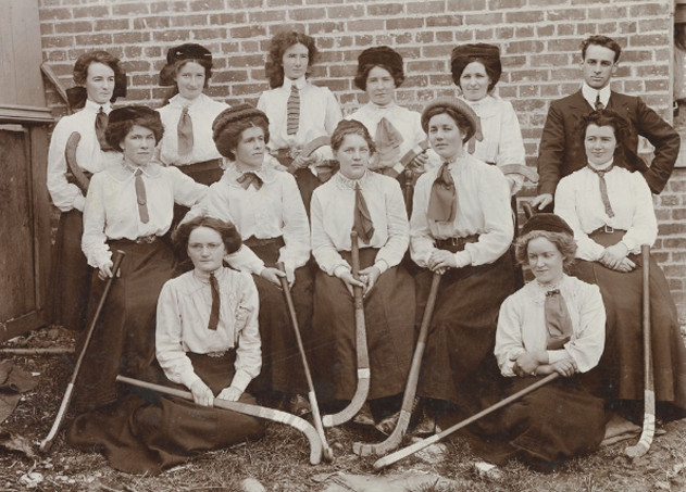 Group photograph of a women's hockey team. Group photograph of a women's hockey team.