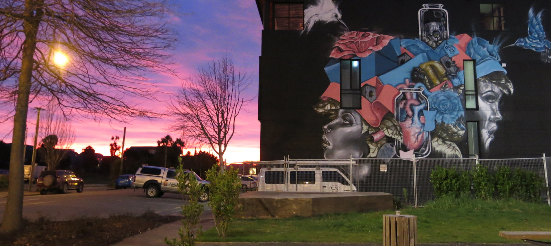 Street art on a building showing two faces in profile, surrounded by flowers, birds and other objects. There are parked cars on the street nearby and the sky is pink with a setting sun.