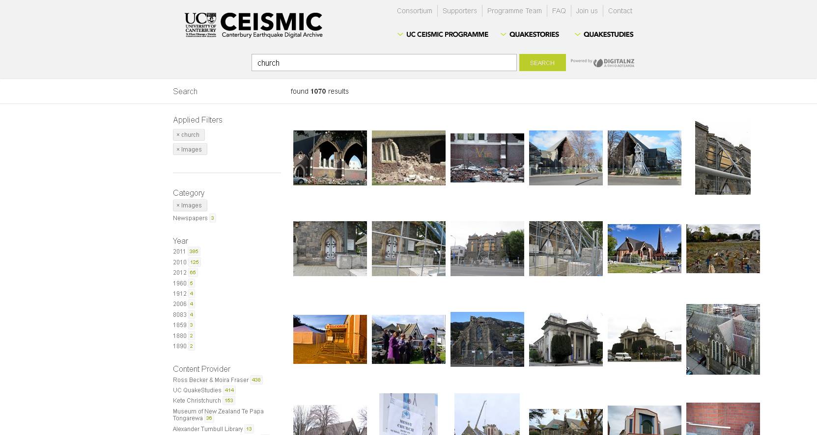 Thumbnail images of earthquake damaged churches.