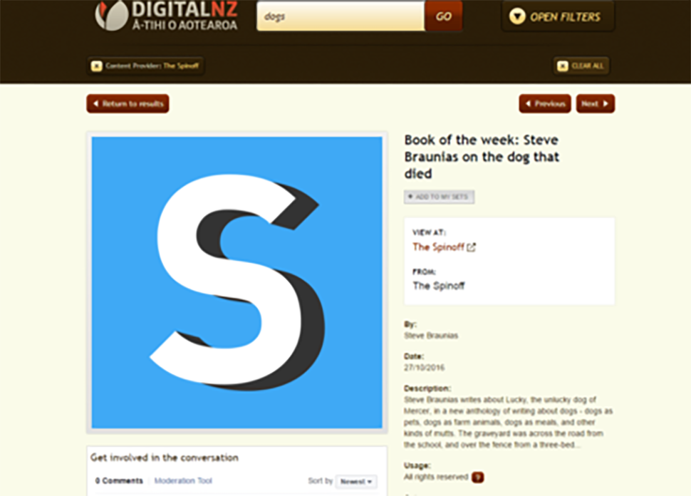 Screenshot of DigitalNZ item, The Spinoff blog 'Book of the week: Steve Braunias on the dog that died'.
