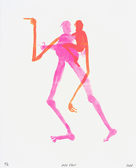 Pink and orange risograph image of two dancing people.