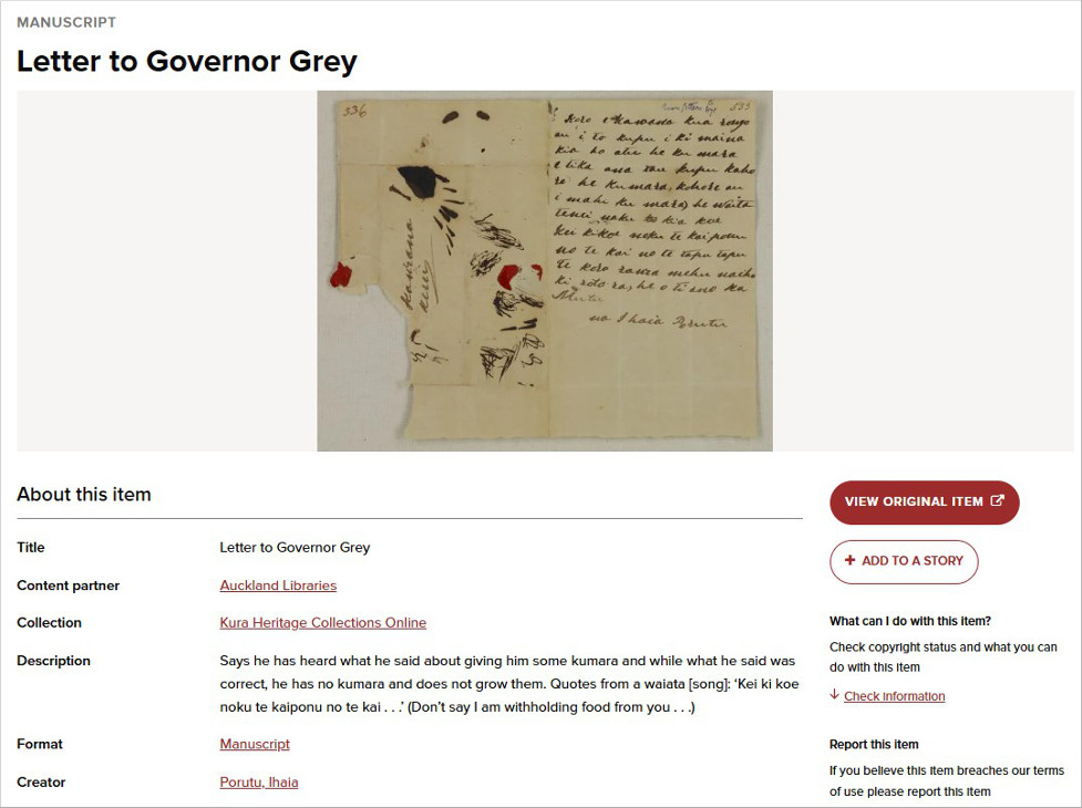 A letter from Ihaia Porutu to Governor Grey on the Kura website.