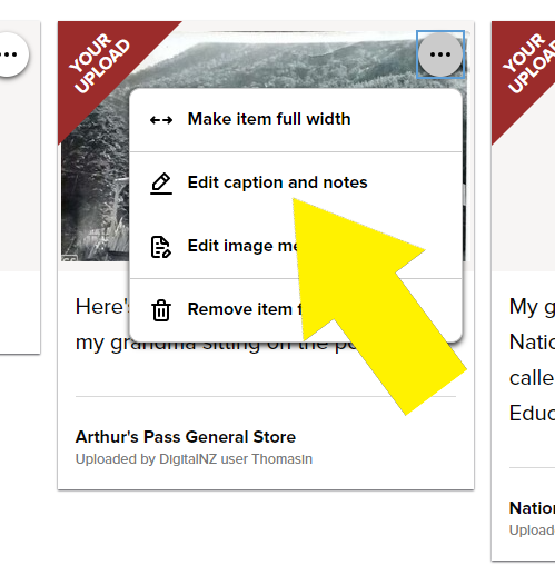 Cropped area of DigitalNZ webpage with a yellow arrow pointing to the text 'Edit caption and notes'.