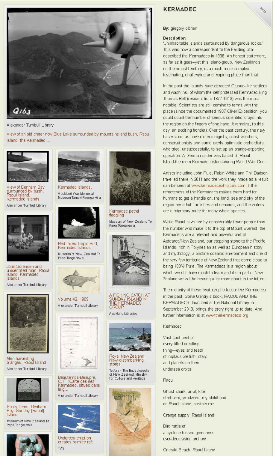 A group of thumbnail images and text about the Kermadec Islands.