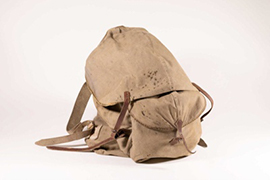 Tan coloured canvas backpack.