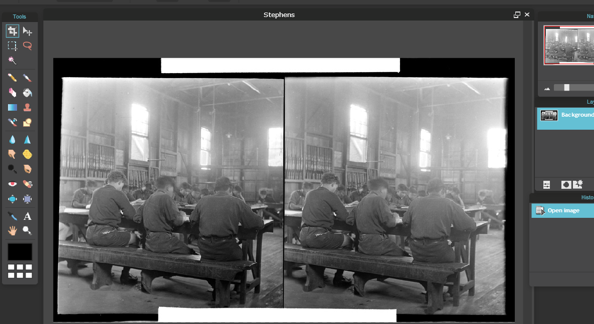 Screenshot of two steroscopic views of three boys sitting at a table in a classroom in a photo editing program