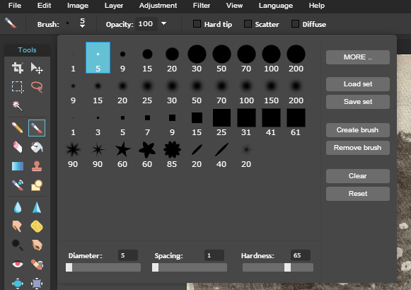 Close up of the brush size tool bar with brush size 5 selected