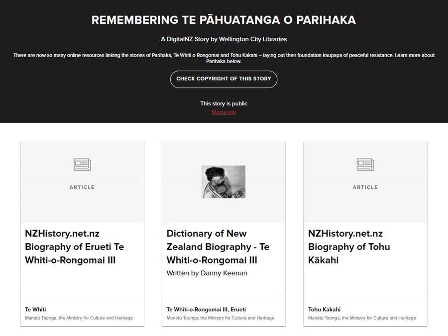 Screenshot of the DigitalNZ story 'Remembering Te Pāhuatanga o Parihaka'.