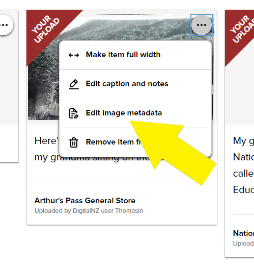 Cropped area of DigitalNZ webpage with a yellow arrow pointing to the text 'Edit image metadata'.