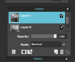 Close up of the layers tool bar with the opacity slider at 100