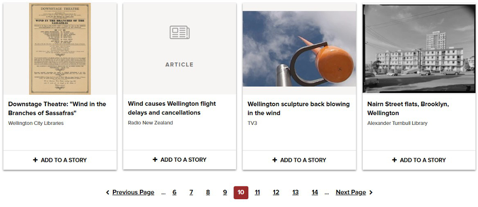 A screenshot of DigitalNZ search results for Wellington AND wind.