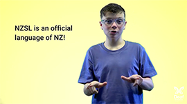 A person wearing a blue t-shirt is signing in New Zealand Sign Language against a bright yellow background. Text on the left reads: 'NZSL is an official language of NZ!'