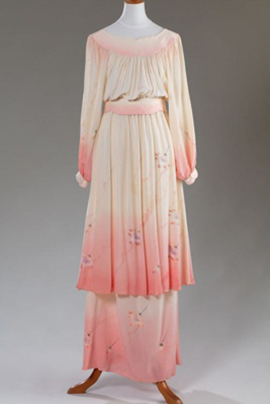 Cream and apricot three-piece silk wedding dress.