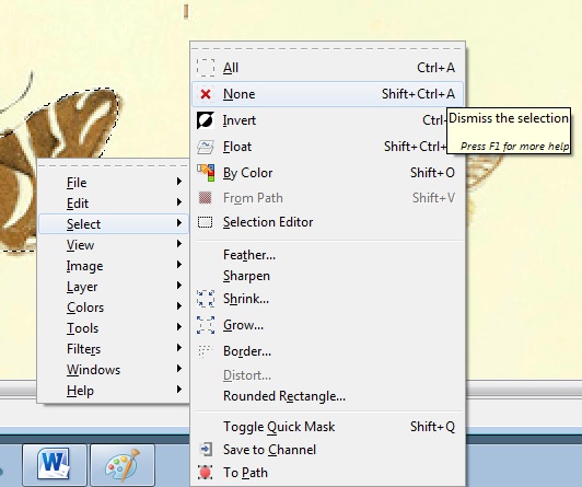 GIMP window with dropdown menu showing 'select > none' highlighted.