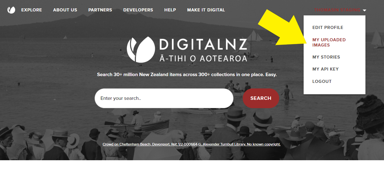 Cropped area of DigitalNZ website homepage with a yellow arrow pointing to the dropdown 'My uploaded images'.