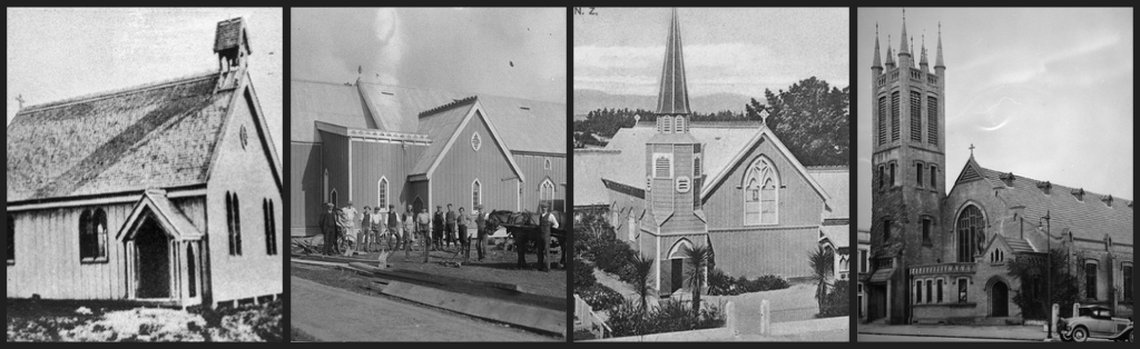 Four black and white photos of churches.