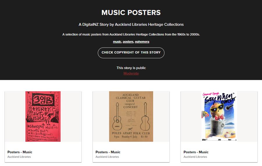 A screenshot of the DigitalNZ story 'Music posters'.