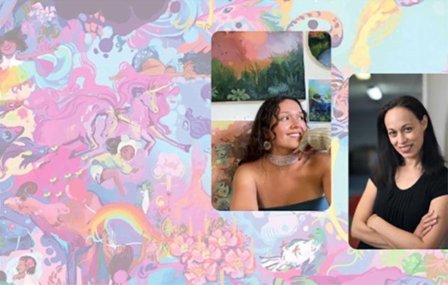 Photos of two smiling woman overlaid an artwork featuring unicorns and flowers.