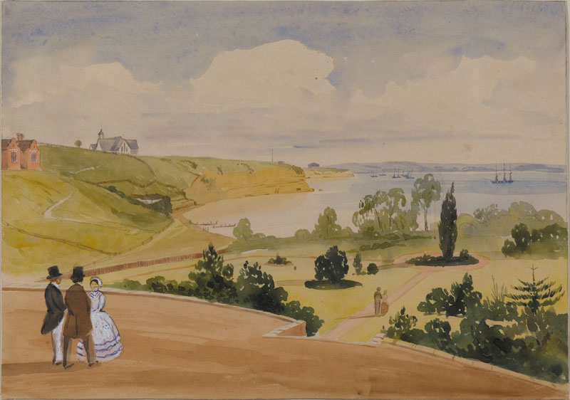 A painted coastal scene with three people wearing top hats, tails and a hoop skirted gown in the foreground.