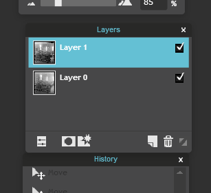 Close up of the layers tool bar with the layer 1 selected