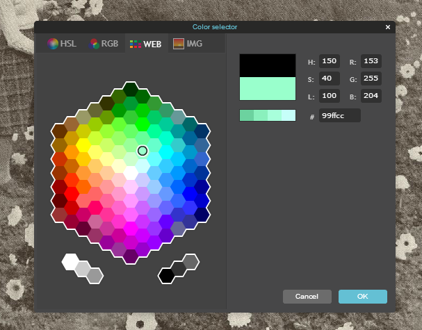 Close up of the web palette colour tool