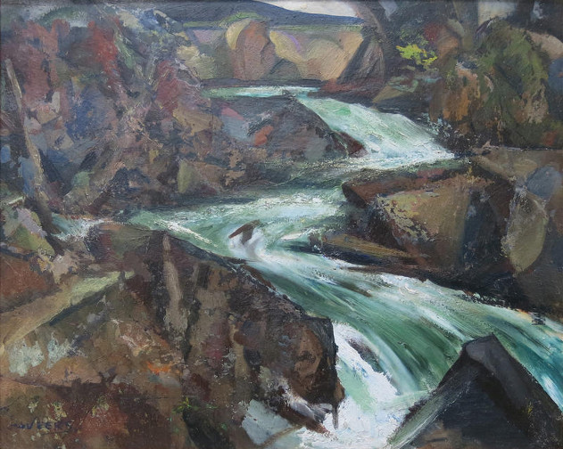 Oil painting of a mountain stream.