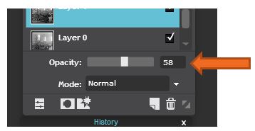 Close up of the layers tool bar with an arrow pointing at the opacity slider