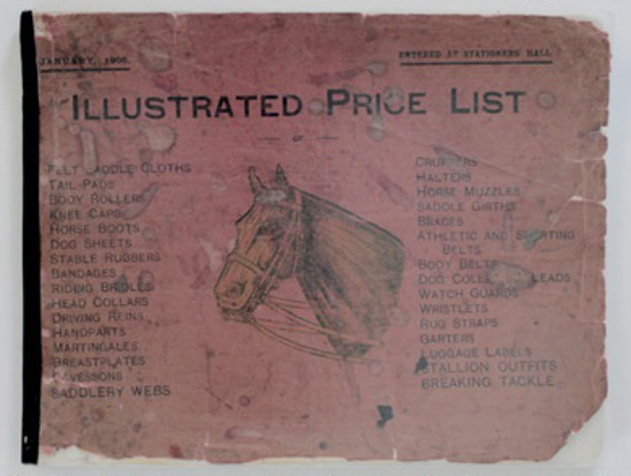 Cover of a catalogue showing a sketch of a horse and the title 'Illustrated price list'.