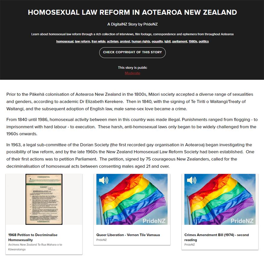 A screenshot of the DigitalNZ story 'Homosexual law reform in Aotearoa New Zealand'.