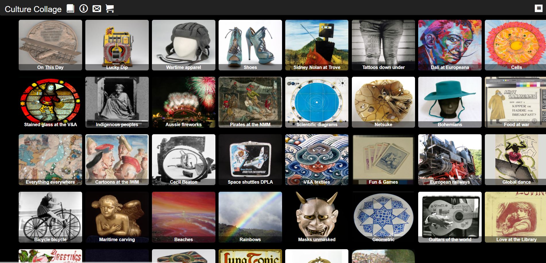 Culture Collage web page showing multiple thumbnail images. 