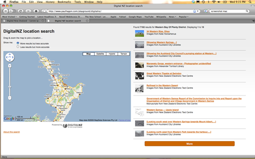 A web page showing a map of the North Island of New Zealand with the text 'DigitalNZ location search'.