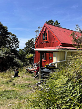 Red corrugated iron field hut with a rainwater tank, surrounded by native bush and ferns.